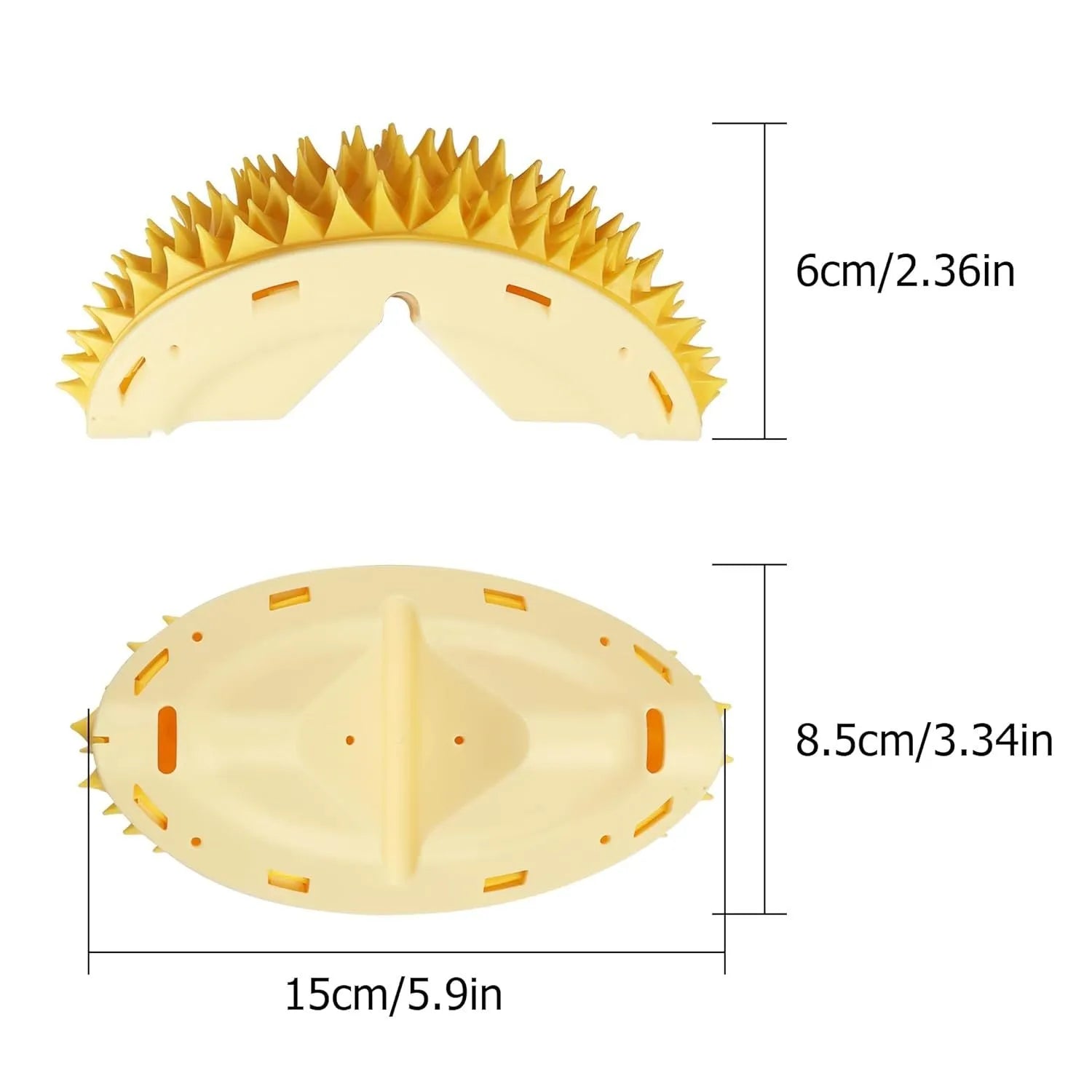 Yellow durian-shaped cat corner scratcher with cat face pattern and adhesive backing.