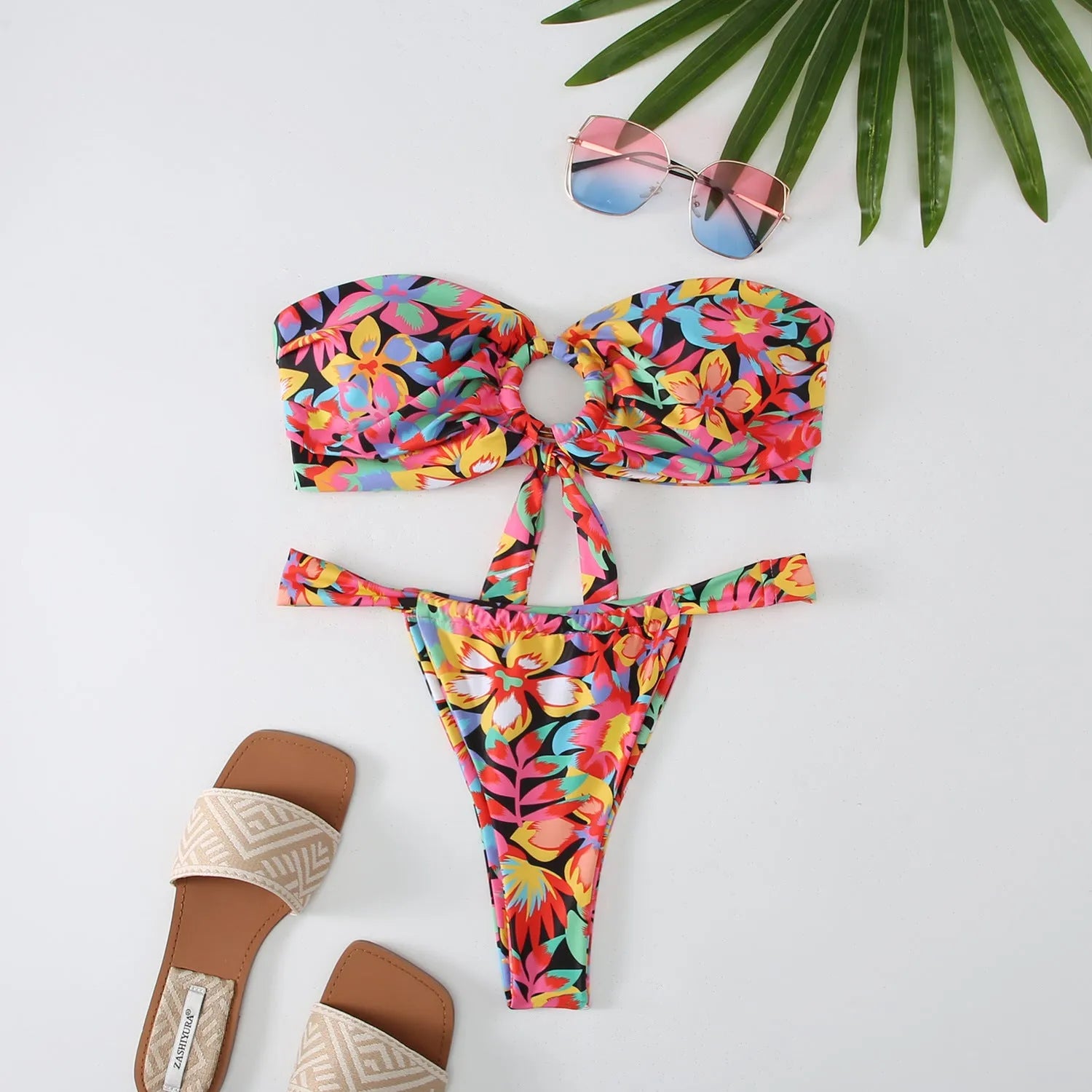 Women's floral printed tube top ring bikini swimsuit with high elasticity polyester fabric
