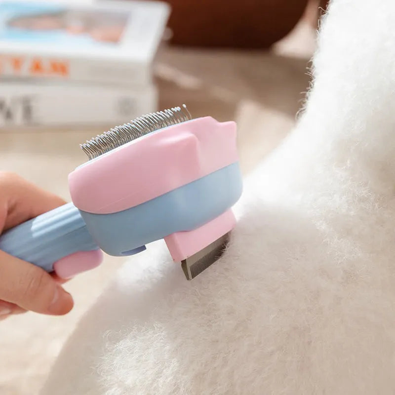 Blue double-sided pet grooming brush with deshedding teeth and dematting comb, 195mm long