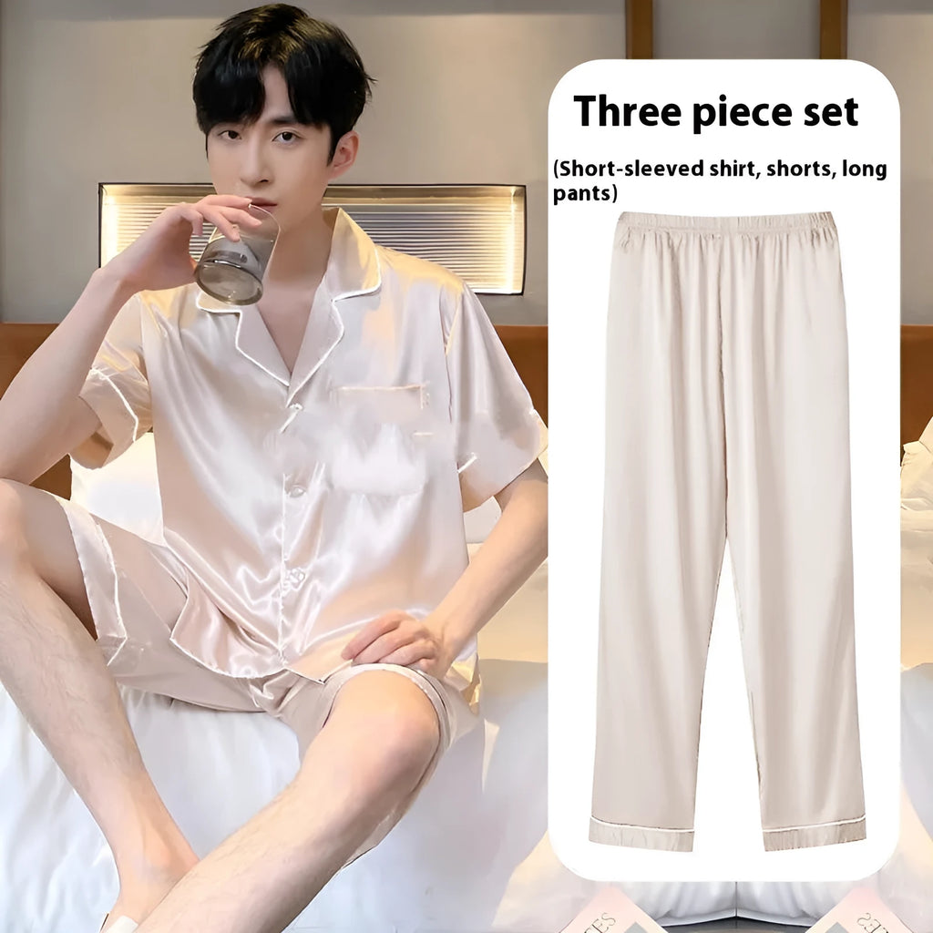 Men's ice silk three-piece home wear set in thin fabric, shown in champagne colour