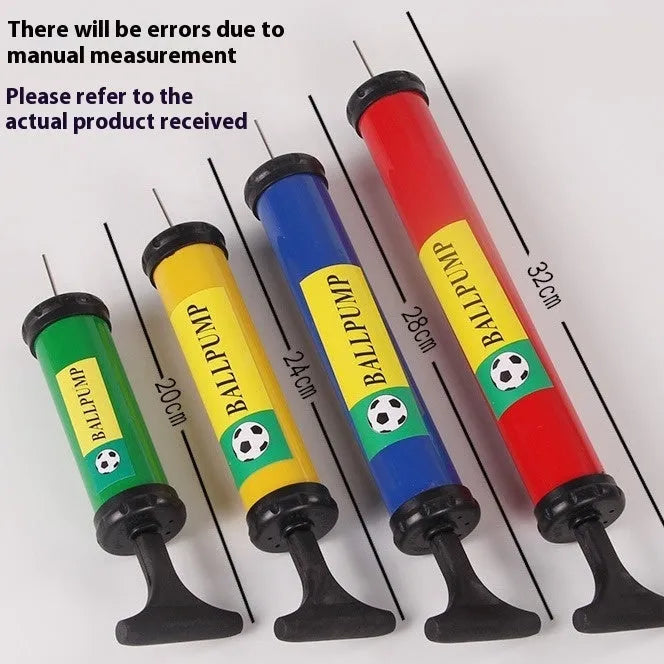 Plastic manual hand pump with nozzle adaptors for inflating sports balls and balloons.