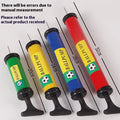 Plastic manual hand pump with nozzle adaptors for inflating sports balls and balloons.
