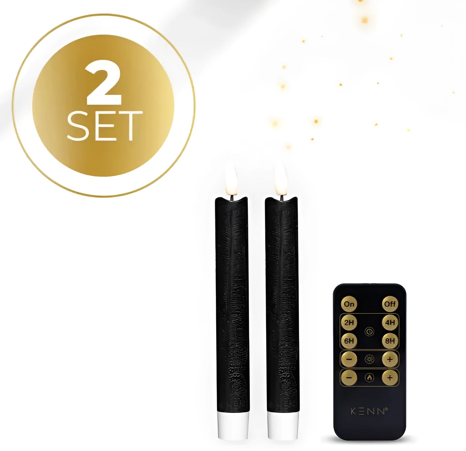 Black 3D Flame LED taper candle showing realistic flickering light effect.