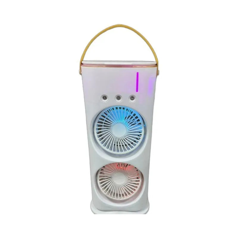 White double-ended spray fan with humidifying mist and remote control on a desk