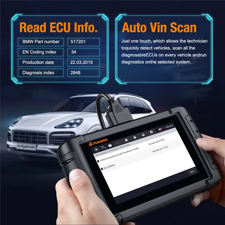 NT809 automotive full system diagnostic scanner with OBDII adapter and diagnostic cable on a workbench
