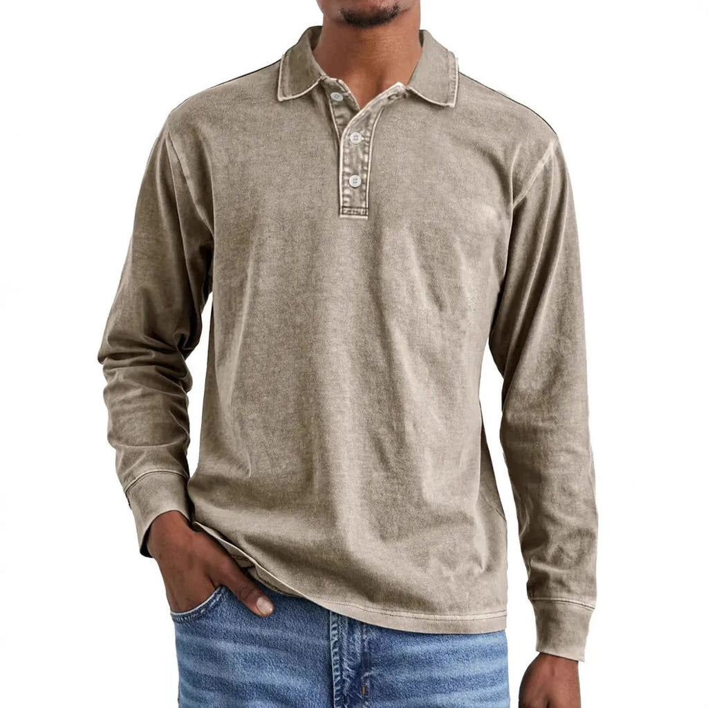 Retro style long sleeve polo shirt with lapel collar in washed, distressed cotton fabric.