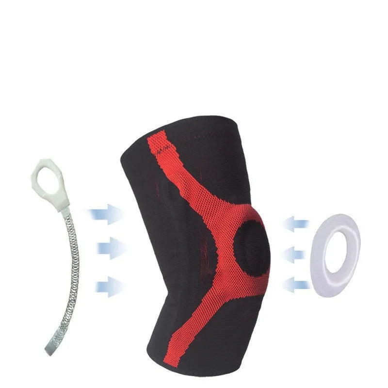 Grey and red silicone knit sports knee pads with non-slip kneecap protection.