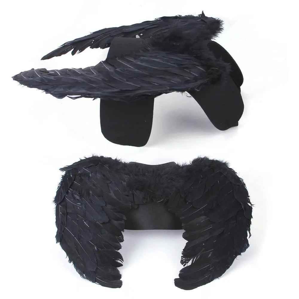 Halloween angel wings pet costume on a dog, chest-back felt cloth design, available in black or white, sizes S M L