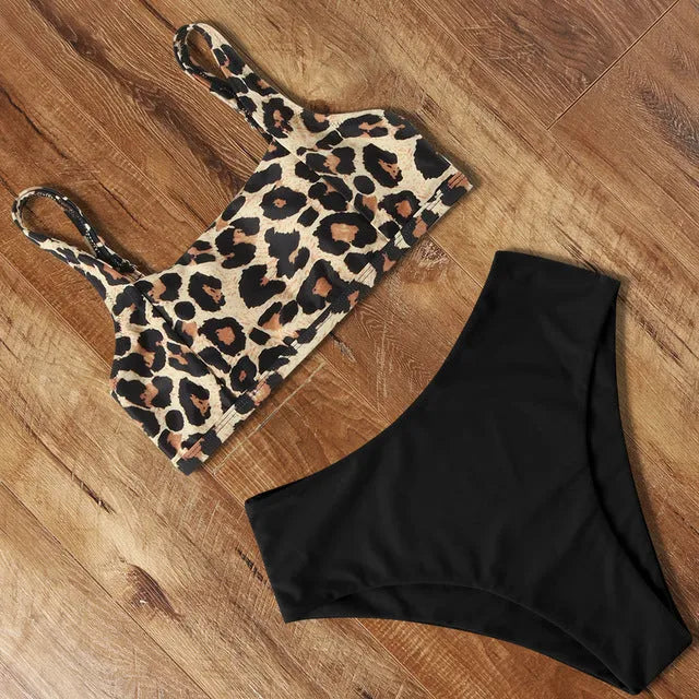 High waist bikini set with push up bra and matching briefs in white, front view on model