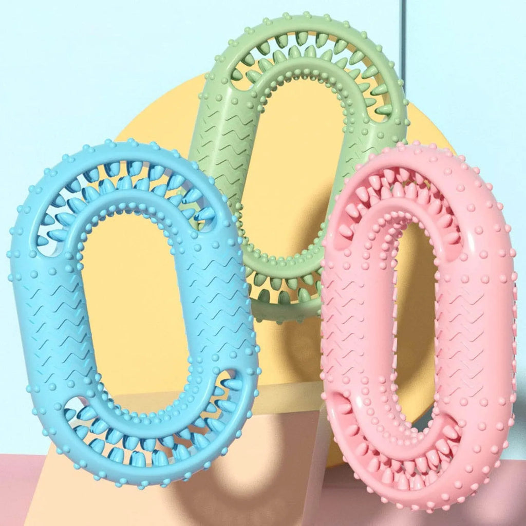 Blue O-ring shaped dog chew toy for aggressive chewers on white background