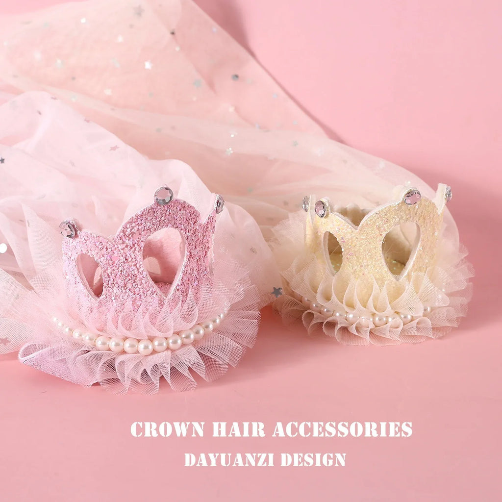 Pet cat wearing princess crown headdress with layered veil in beige or pink colour option