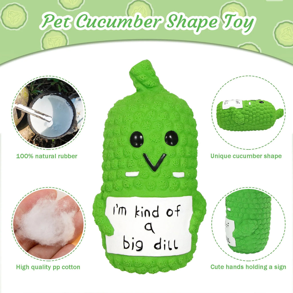 Green pickle-shaped latex dog squeaky toy with textured surface for chewing.