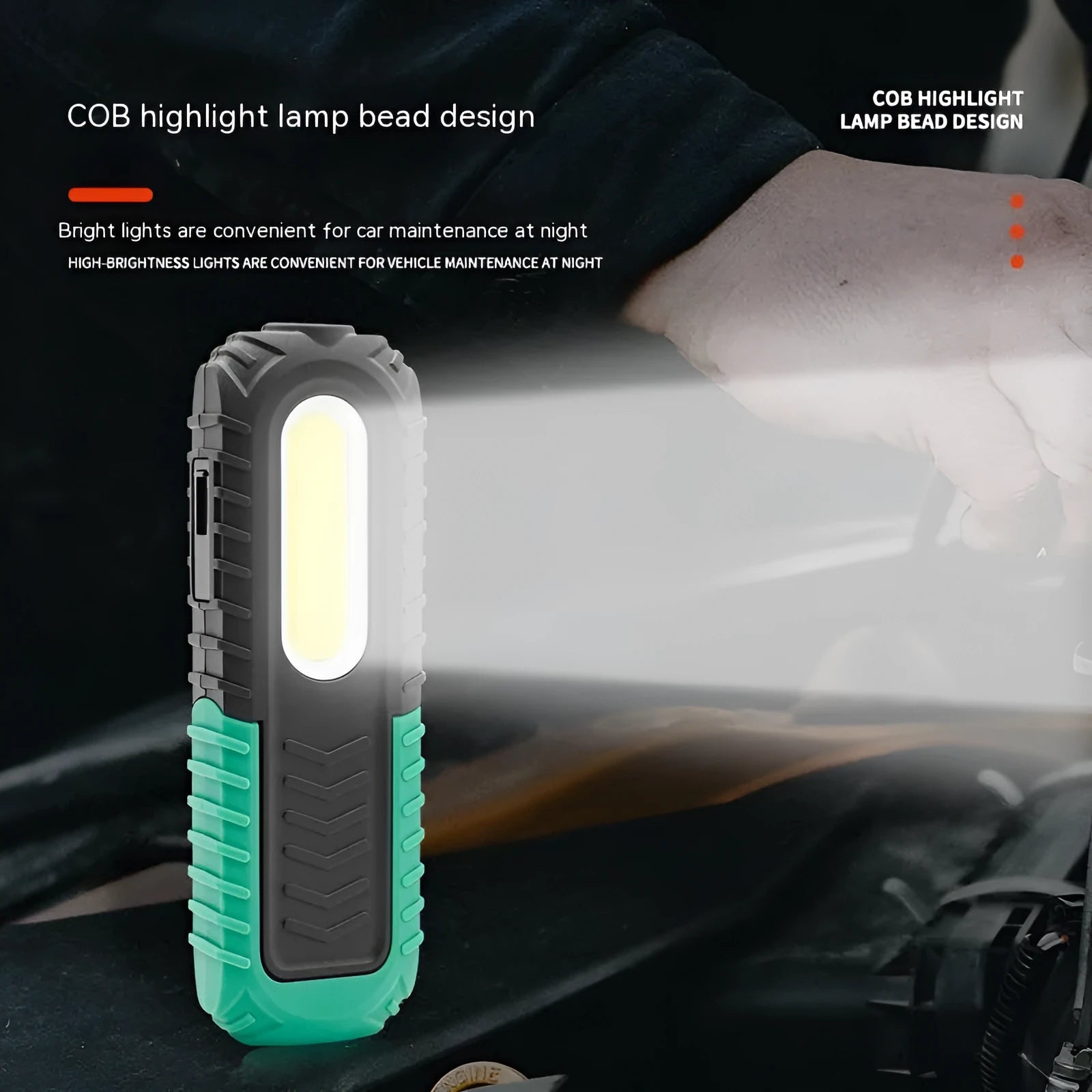 Black and green USB rechargeable auto repair work light with drop-resistant housing