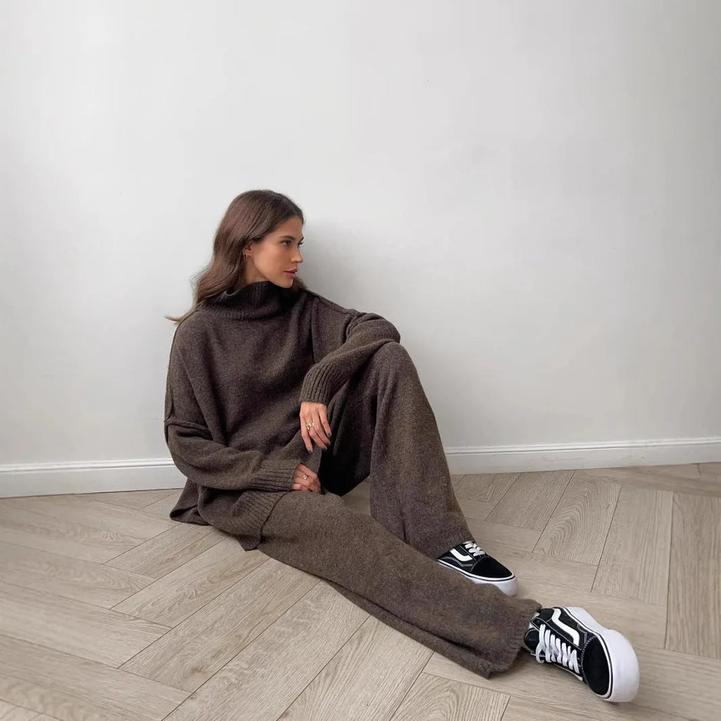 Women's solid colour acrylic trouser suit with long sleeve top and matching trousers