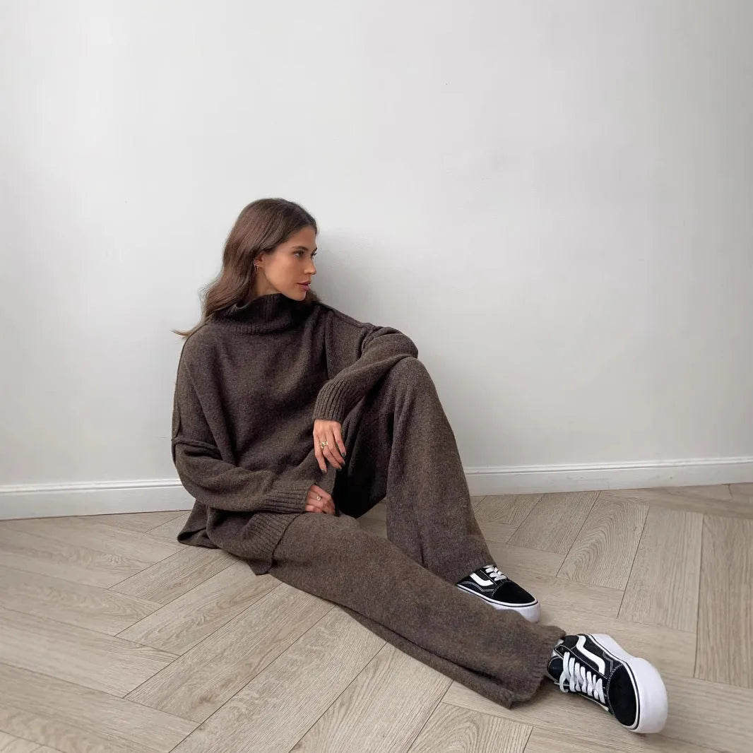 Women's solid colour acrylic trouser suit with long sleeve top and matching trousers