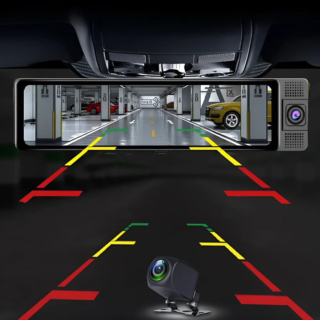 12-inch three-lens 2K HD rearview mirror driving recorder with touchscreen and voice control mounted in car