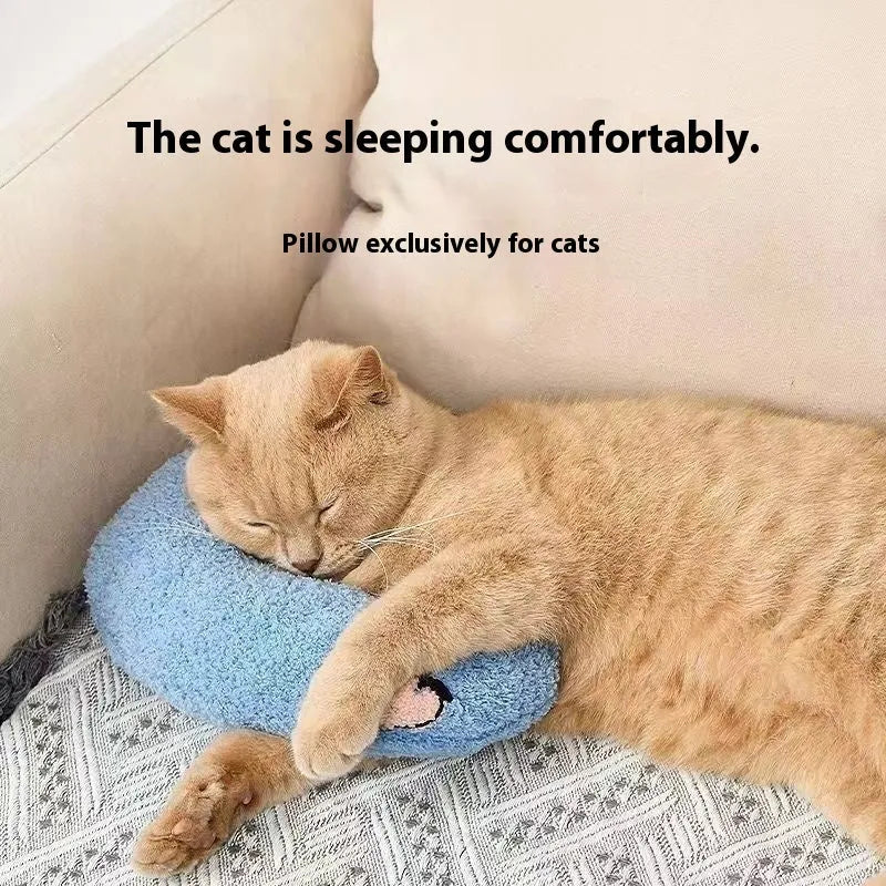 Blue U-shaped cat neck protection pillow with moon design on cloth material