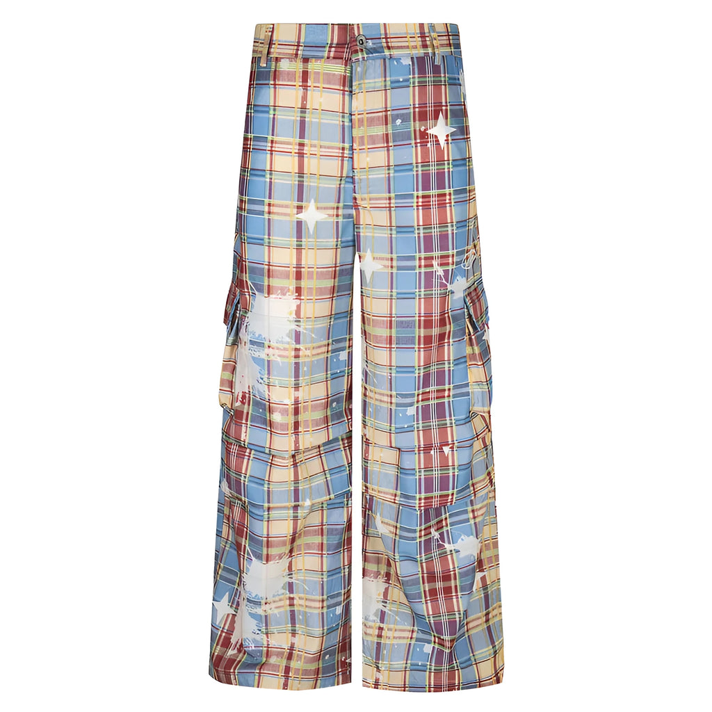 Men's retro plaid loose straight casual pants in blue colour, polyester fabric, mid-waist design