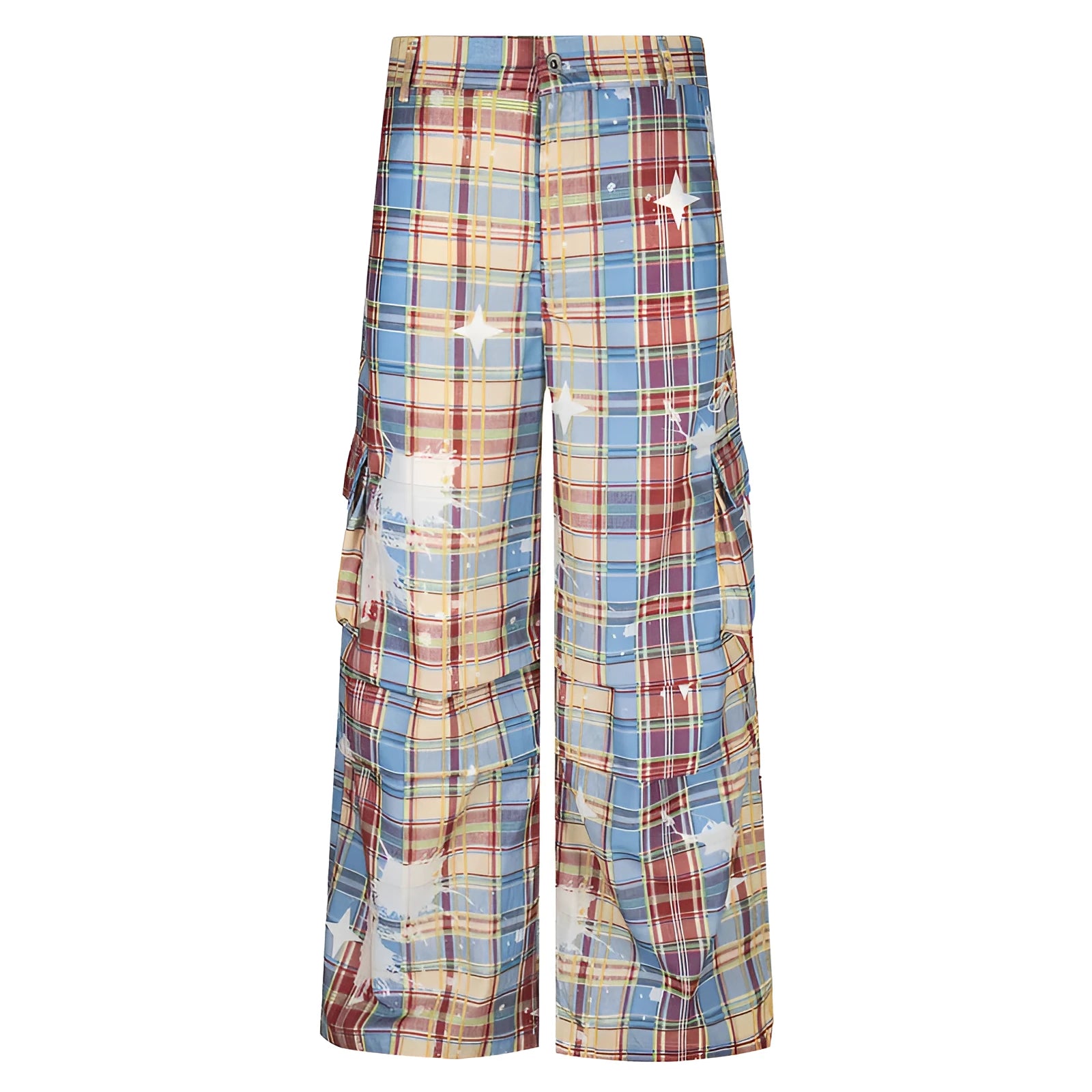 Men's retro plaid loose straight casual pants in blue colour, polyester fabric, mid-waist design