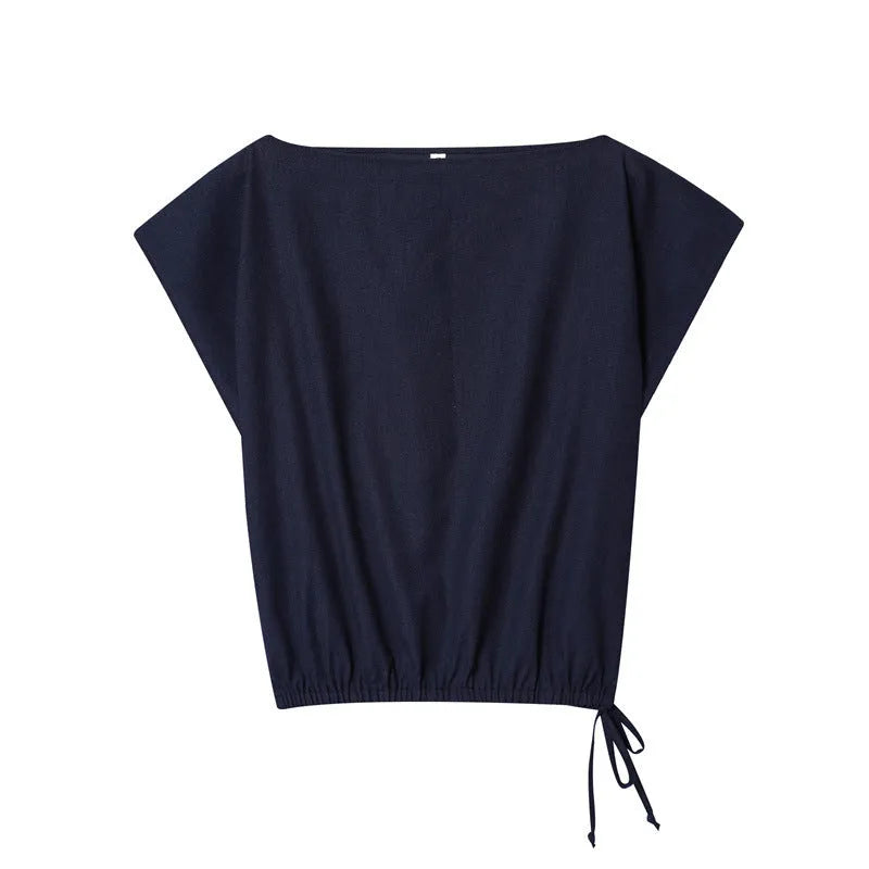 Women's linen-look blend shirt with flounced sleeves paired with wide-leg trousers, a two-piece commute outfit set.