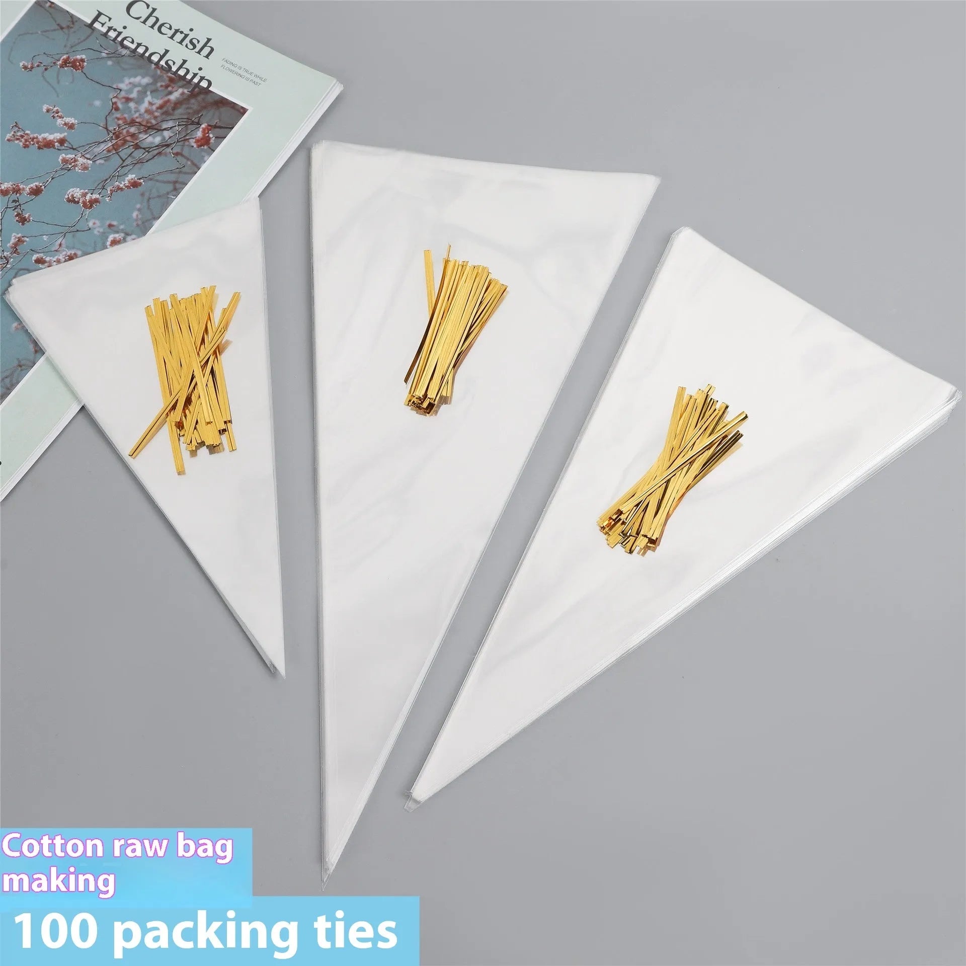 OPP triangle plastic packaging bag with integrated wire tie closure in clear material
