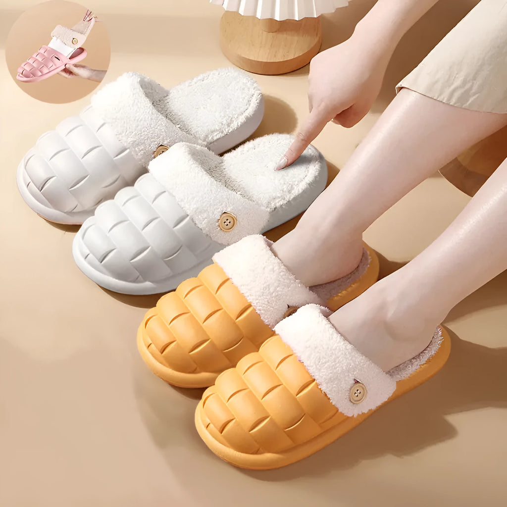 Plaid detachable EVA slippers for women with a plush lining and nonslip sole in pink, green, yellow, or white.