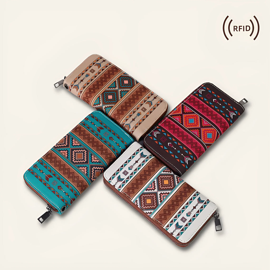 Bohemian striped canvas RFID wallet with anti-theft function measuring 20x10x2cm
