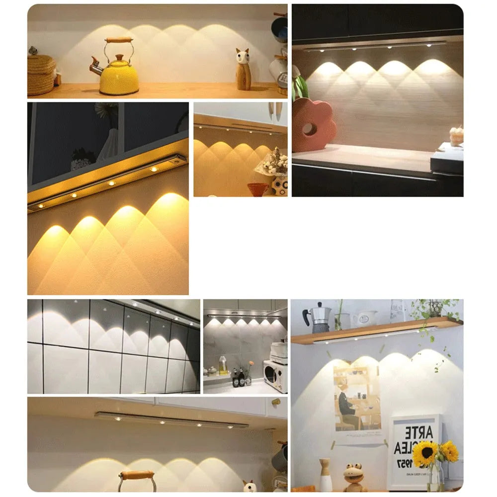 Ultra-thin USB LED night light with motion sensor in silver, aluminium body, 20 cm length, mounted inside a kitchen cabinet