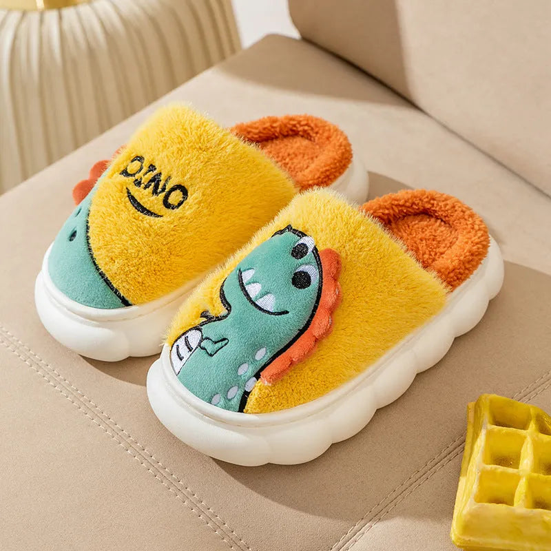 Cotton couple slippers with plush fleece in dinosaur print designs for indoor use