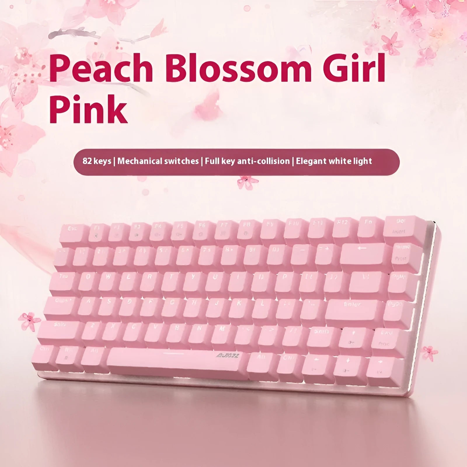 Pink and white 82 key mechanical keyboard with white backlight on a desk