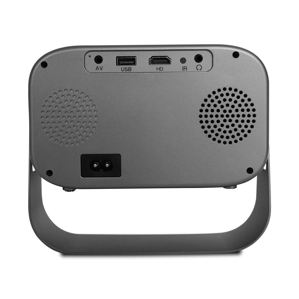 Black HD portable projector with remote control on home office desk