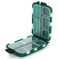 Small black plastic fishing tackle box with 10 internal compartments for organising hooks and lures