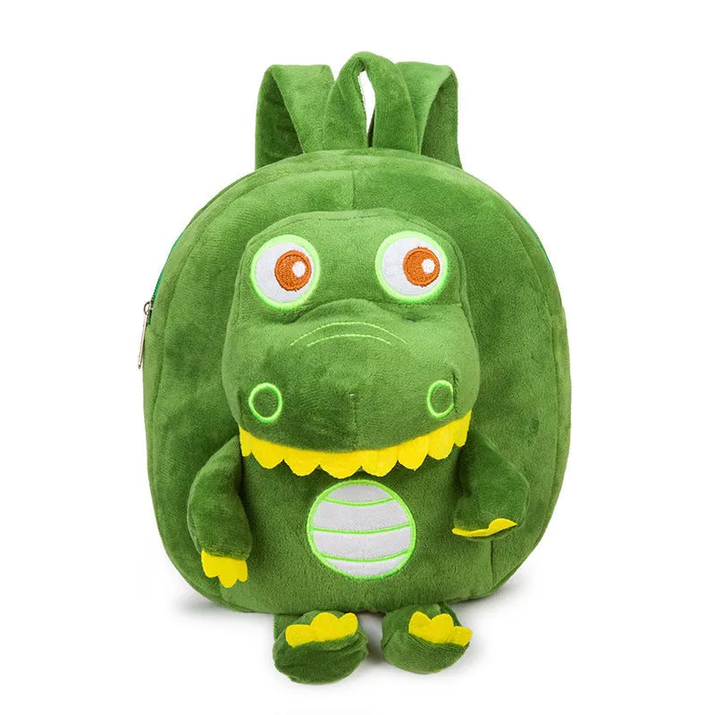 Blue dinosaur plush backpack with embroidery detailing and soft handle for children