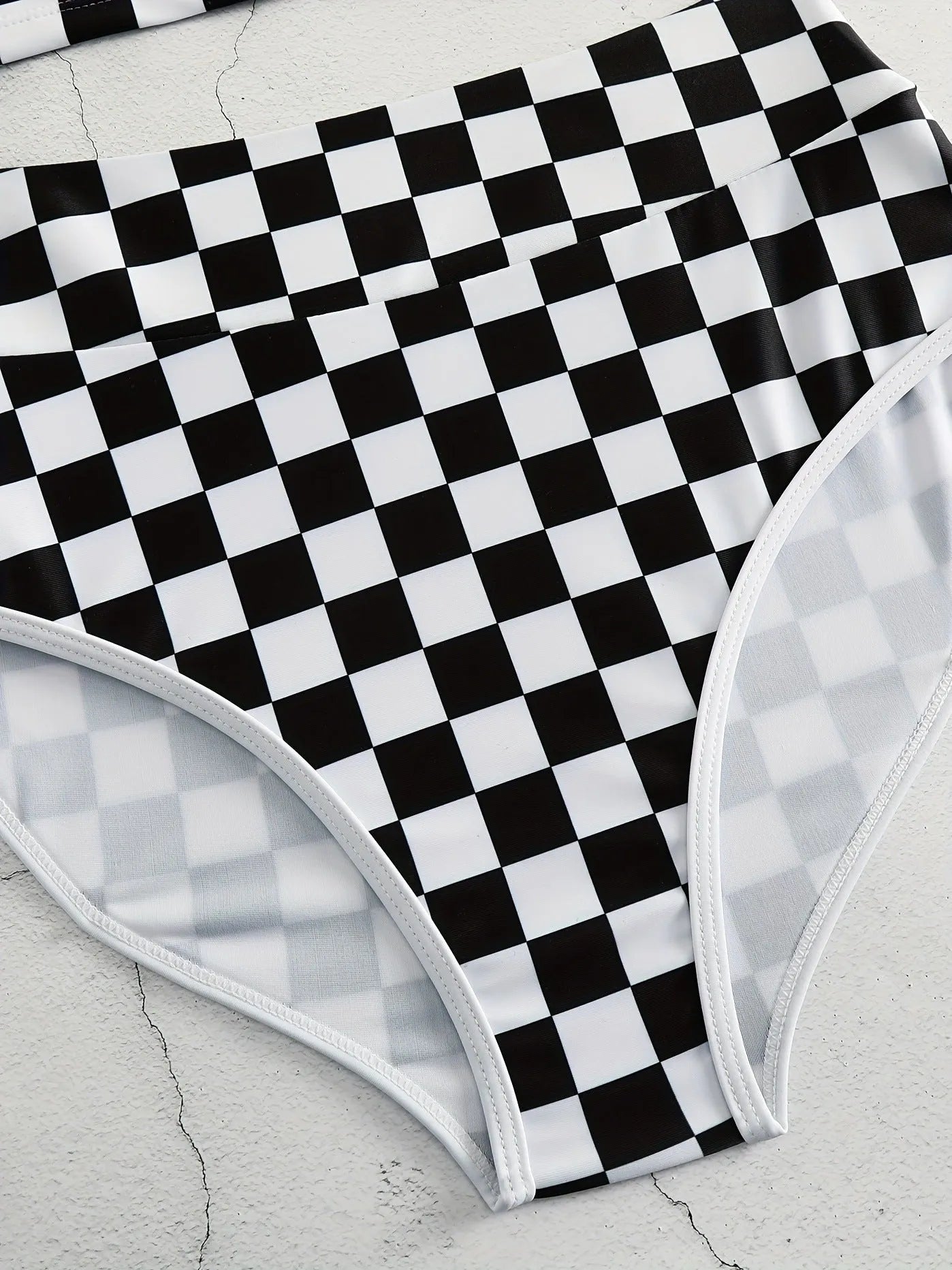 Racing one-piece swimsuit with suspender and backless in chessboard plaid pattern for women