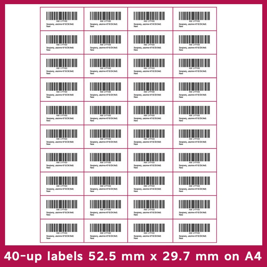 FBA label paper sheets showing 10 different grid configurations for Amazon barcode labels