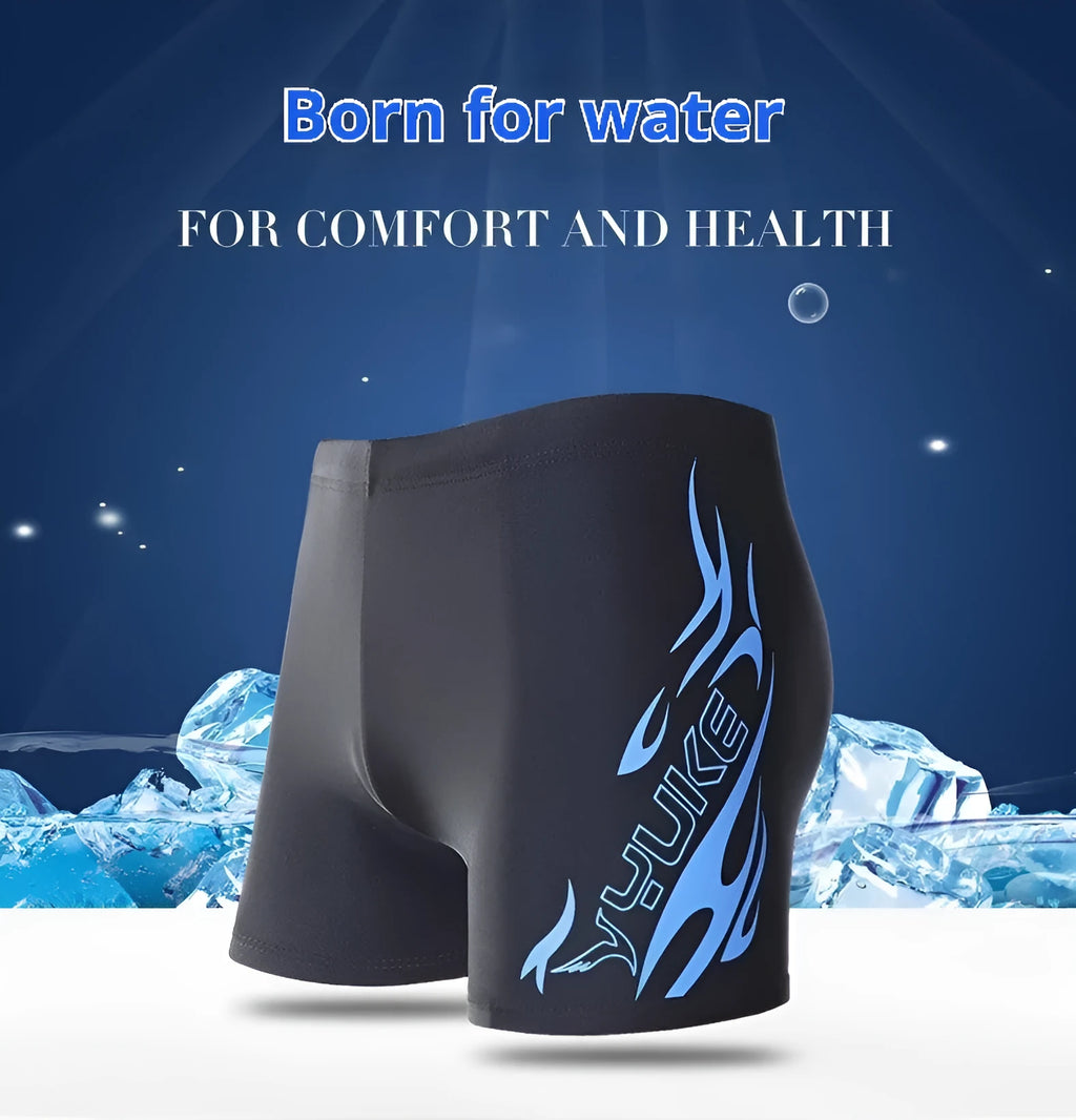 Men's plus size swim trunks and cap set with flame pattern design on black background