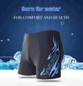 Men's plus size swim trunks and cap set with flame pattern design on black background