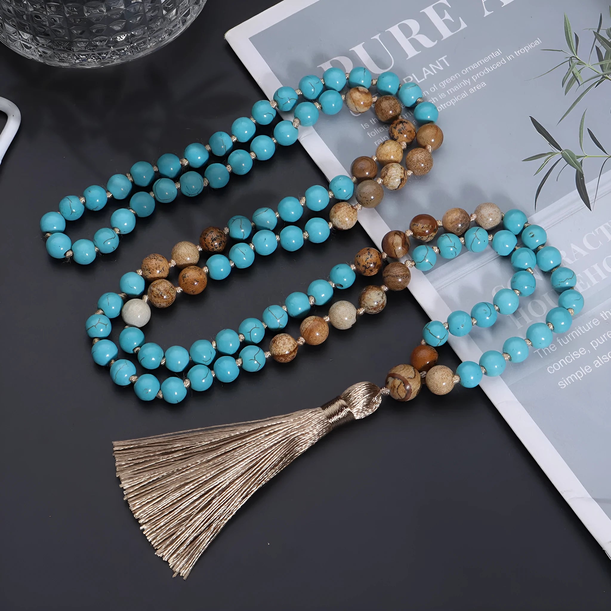Handmade 108 mala necklace with vintage turquoise painted stone beads in blue pine colour, ball bead chain style, unisex