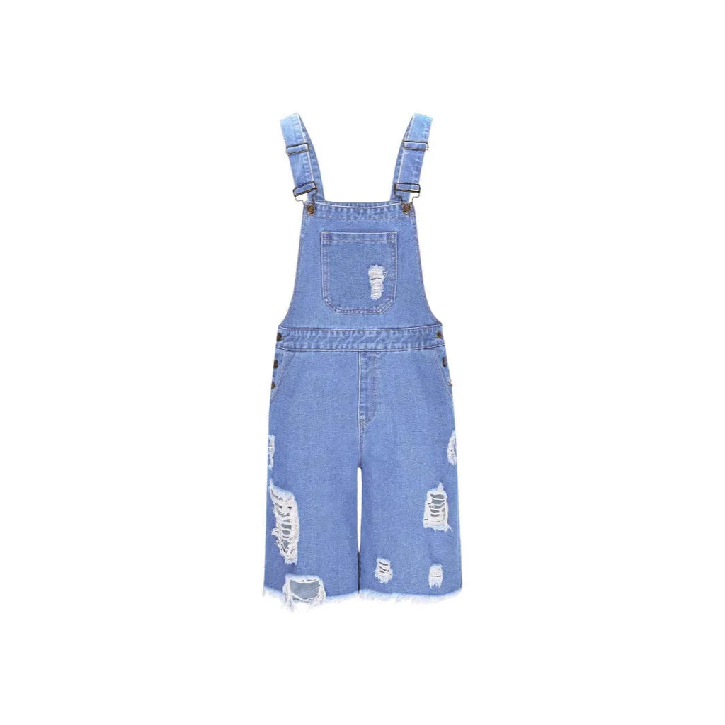 Ripped Leisure men's denim suspender shorts jeans in dark blue, mid-waist straight leg cotton casual wear