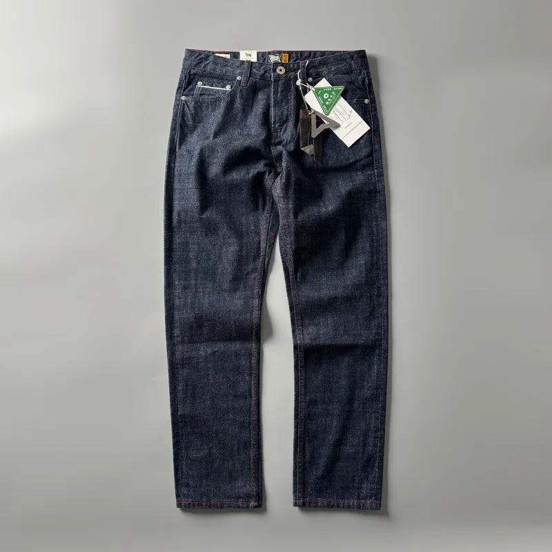 Men's primary colour straight leg denim trousers on a mid-waist fit model, showing American retro style.