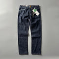 Men's primary colour straight leg denim trousers on a mid-waist fit model, showing American retro style.