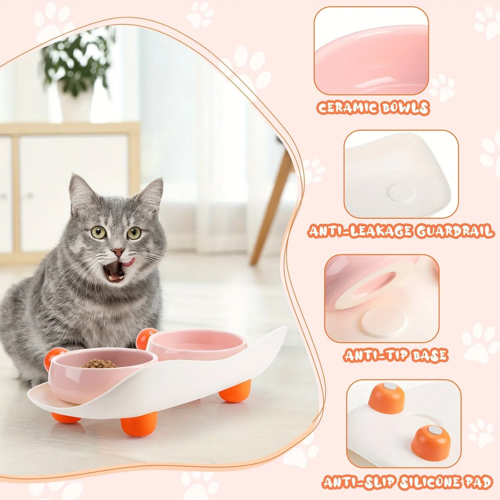 Two elevated ceramic pet bowls in a choice of colours, with a non-slip base, for cats and small dogs.