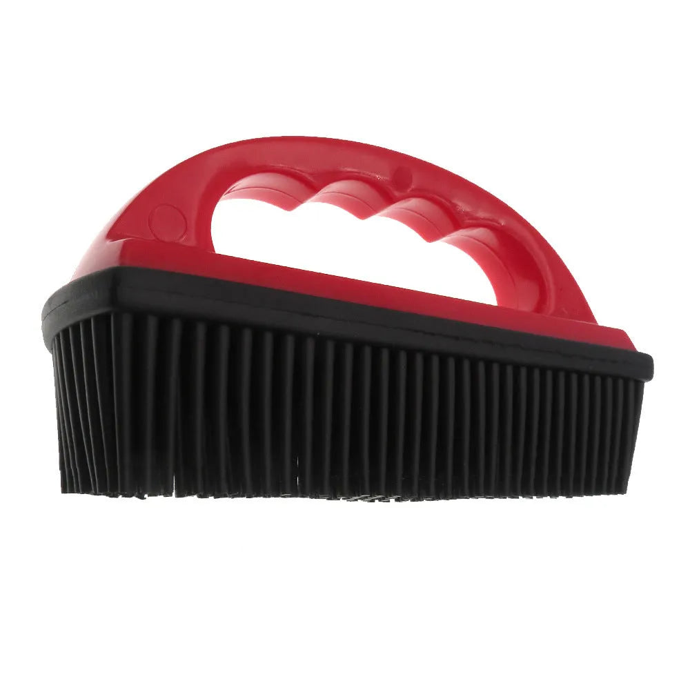 Red pet hair removal brush with curved rubber bristles measuring 160mm by 85mm