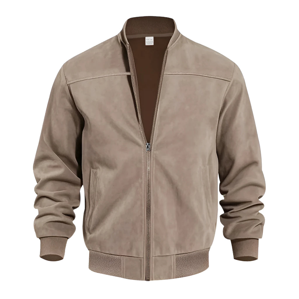 Men's black suede casual zip-up jacket with a regular fit on a model.