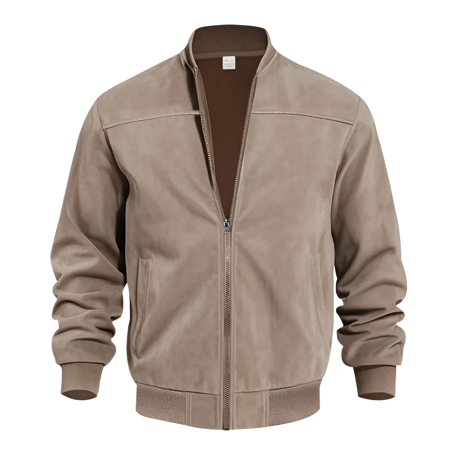 Men's black suede casual zip-up jacket with a regular fit on a model.