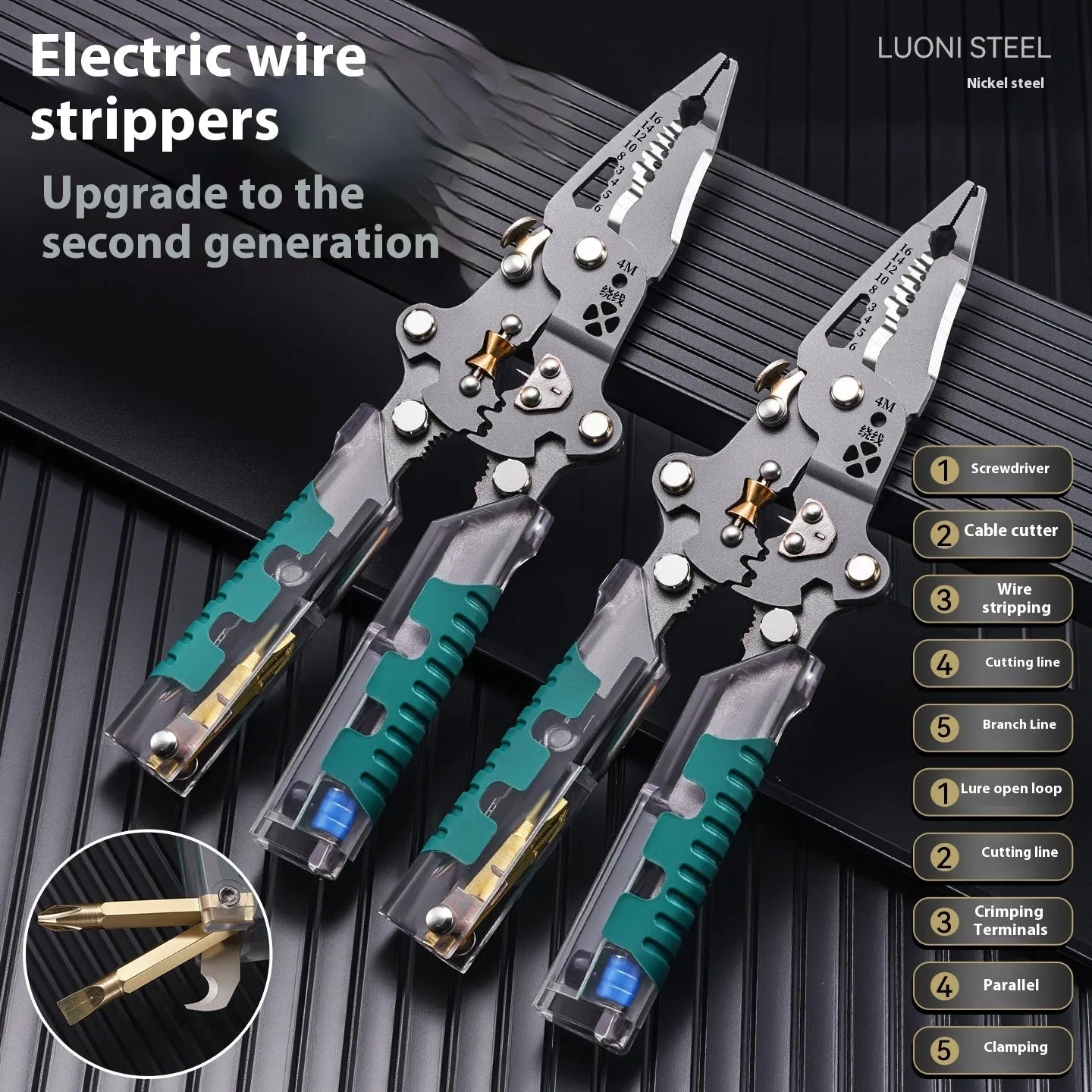 Electricians' wire stripper and pointed pliers tool showing hardened steel construction