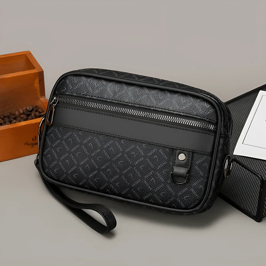 Men's casual shoulder messenger bag large capacity horizontal PU wear-resistant geometric pattern black brown