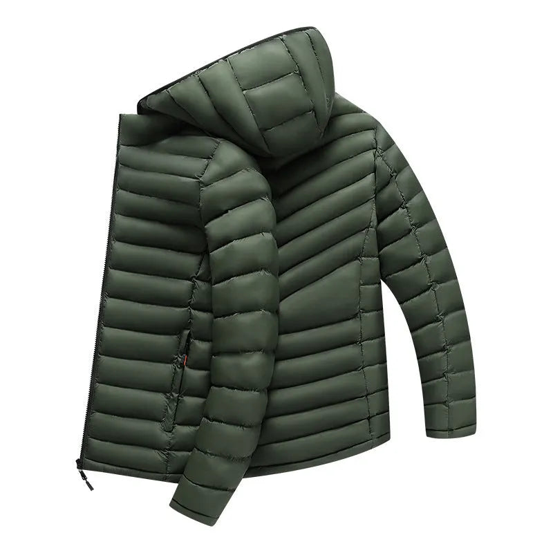 Men's lightweight hooded down jacket in army green with a detachable collar and front zipper.