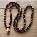 Natural tiger-eye 108 bead pendant necklace bracelet on ball bead chain with mixed-gem inlay featuring wings, crown and infinity symbol
