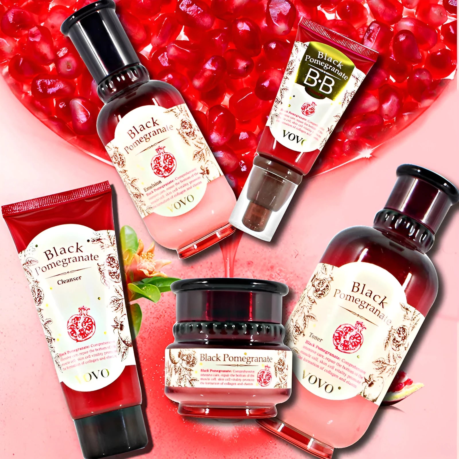 Six-piece pomegranate skincare set including cleanser, toner, lotion, cream, essence and eye cream.
